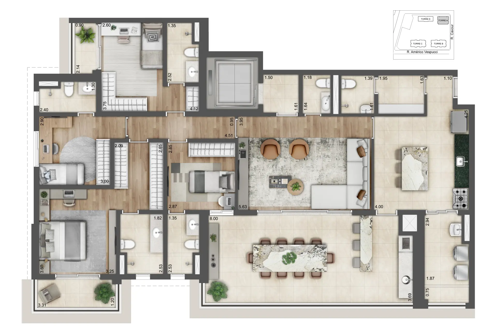 Planta 188m² – 4 Suítes
